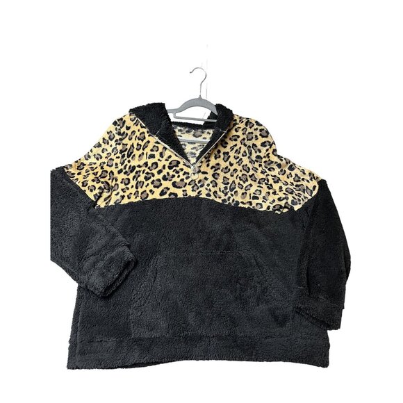 Leopard Print & Black Sherpa Fleece Half Zip Pullover Hoodie XXL Fits like L-XL - Picture 2 of 9